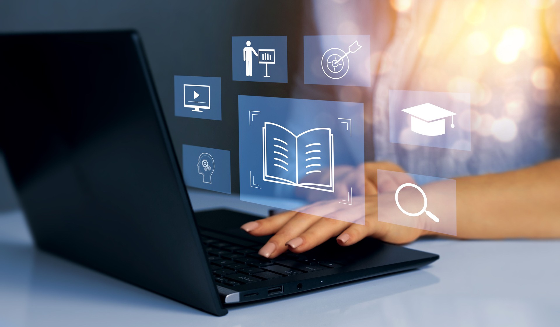 E-learning education, internet lessons and online webinar. Person who attends online lessons on a digital screen.Education internet Technology.